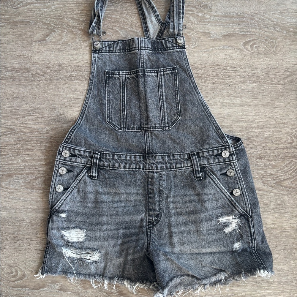 Abercrombie Black Denim Overalls shorts with Distressed Details -Small
